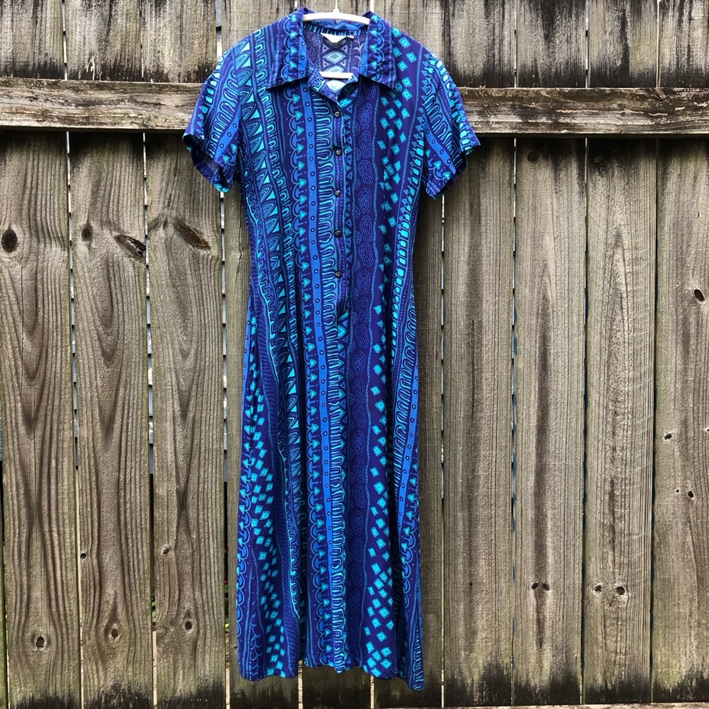 Melina Collection Vintage 90s Midi Shirt Dress Size M Navy Turquoise Geometric